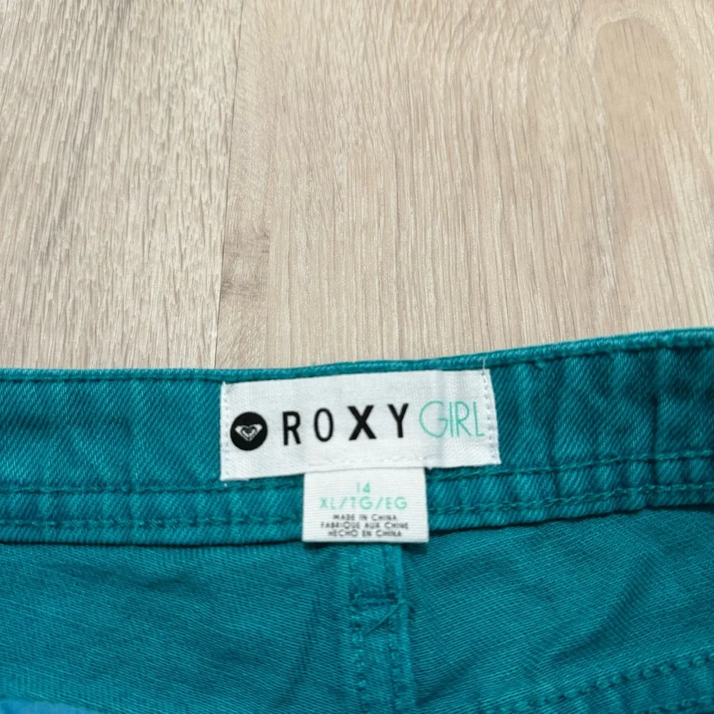 Kids Roxy Girls Teal Blue Denim Jean Shorts Lace Crochet XL Size 14